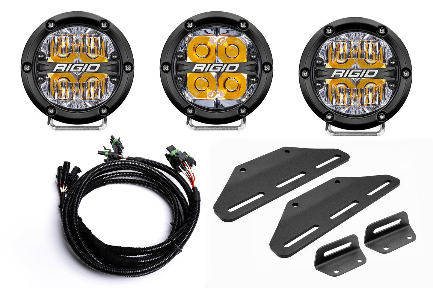 SPV Parts 2024+ Raptor MODULAR BUMPER - Rigid 360 Round 4 inch Triple POST Light Kit w/ RGBW backlight - Including Brackets/Harness